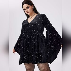 Cider Witchy Stars and Moons Velvet Bell Sleeve Romper